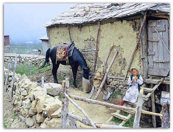 [KanalKultur] - Ön-Asya Etnografyası - Geleneksel Kültürde Çocuk: Eski bir yayla evi, binek atı ve bir kız çocuğu, © Foto: Prof. Dr. Sabri Çakır, Bektaş Yaylası, Giresun, 1985