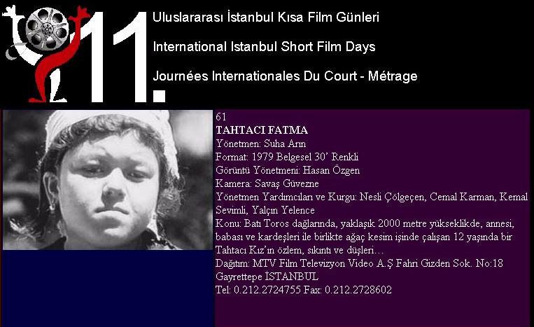 Tahtacı Fatma / Yönetmen: Suha Arın; Yönetmen Yrd. ve Kurgu: Nesli Çölgeçen, Cemal Karman, Kemal Sevimli, Yalçın Yelence; Görüntü Yönetmeni: Hasan Özgen; Kamera: Savaş Güvezne; Müzik düzenleme: Mehmet Erenler, Nevit Kodallı; 35 mm Renkli Film, 28', 1979