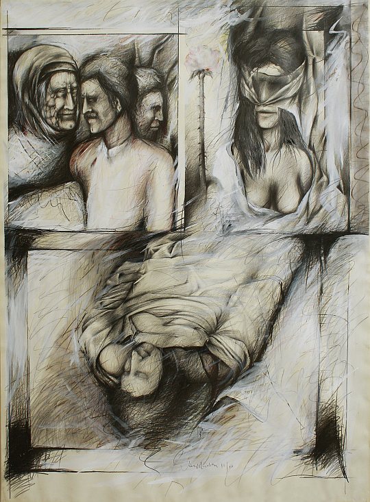 İsmail Çoban - 'Ateş Çemberi' serisinden: 'Şeyh Bedreddin Destanı', desen, karışık teknik, 150 x 110 cm.