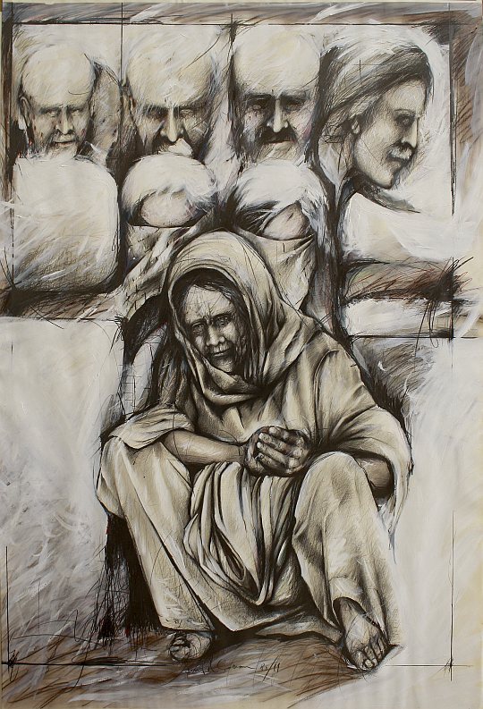İsmail Çoban - 'Ateş Çemberi' serisinden: 'Şeyh Bedreddin Destanı', desen, karışık teknik, 150 x 110 cm.
