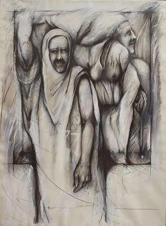 İsmail Çoban - 'Ateş Çemberi' serisinden: 'Şeyh Bedreddin Destanı', desen, karışık teknik, 150 x 110 cm.