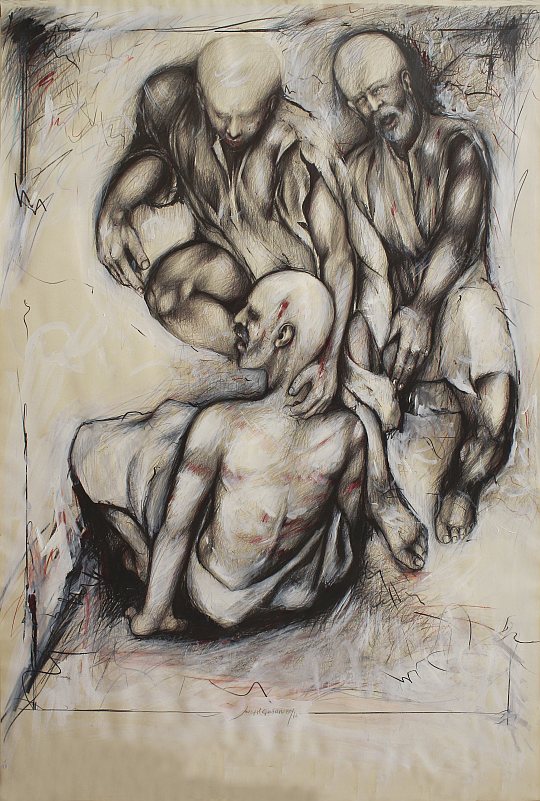 İsmail Çoban - 'Ateş Çemberi' serisinden: 'Şeyh Bedreddin Destanı', desen, karışık teknik, 150 x 110 cm.