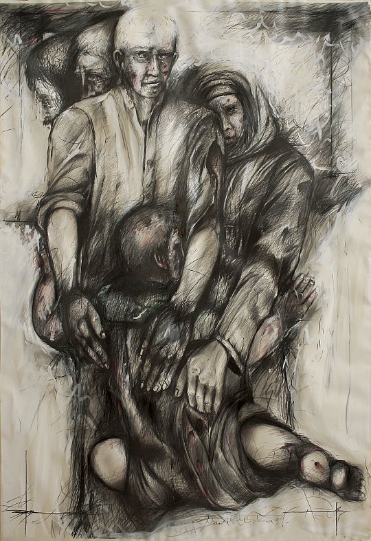 İsmail Çoban - 'Ateş Çemberi' serisinden: 'Şeyh Bedreddin Destanı', desen, karışık teknik, 150 x 110 cm.