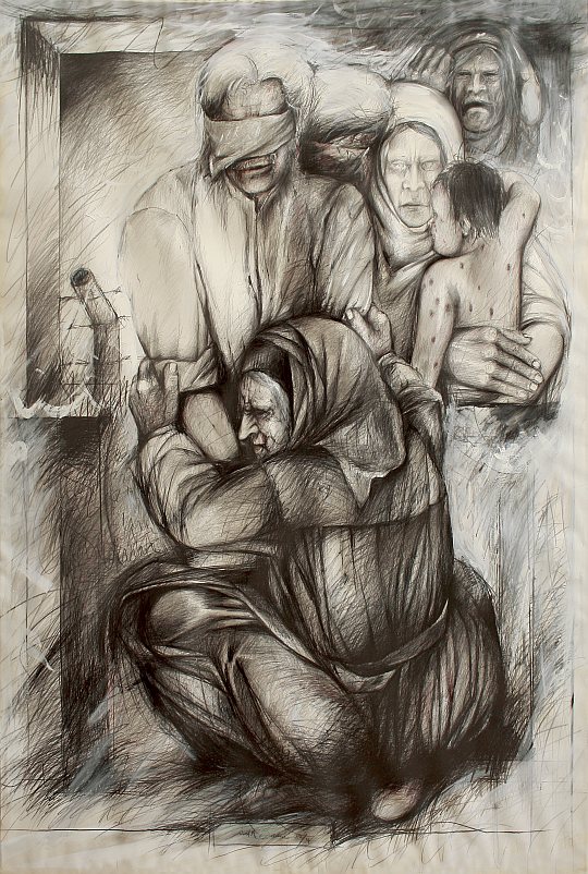 İsmail Çoban - 'Ateş Çemberi' serisinden: 'Şeyh Bedreddin Destanı', desen, karışık teknik, 150 x 110 cm.
