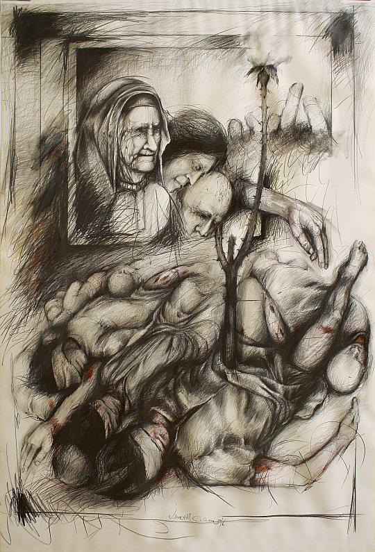 İsmail Çoban - 'Ateş Çemberi' serisinden: 'Şeyh Bedreddin Destanı', desen, karışık teknik, 150 x 110 cm.