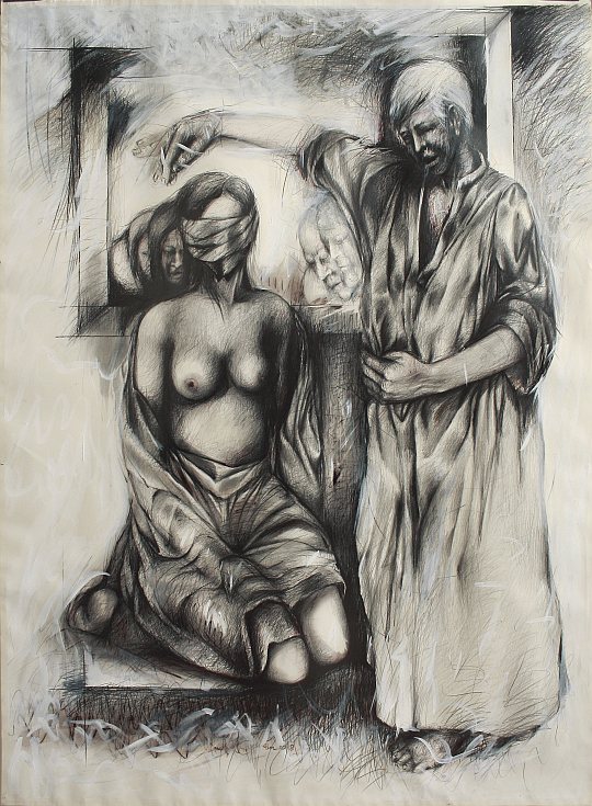 İsmail Çoban - 'Ateş Çemberi' serisinden: 'Şeyh Bedreddin Destanı', desen, karışık teknik, 150 x 110 cm.