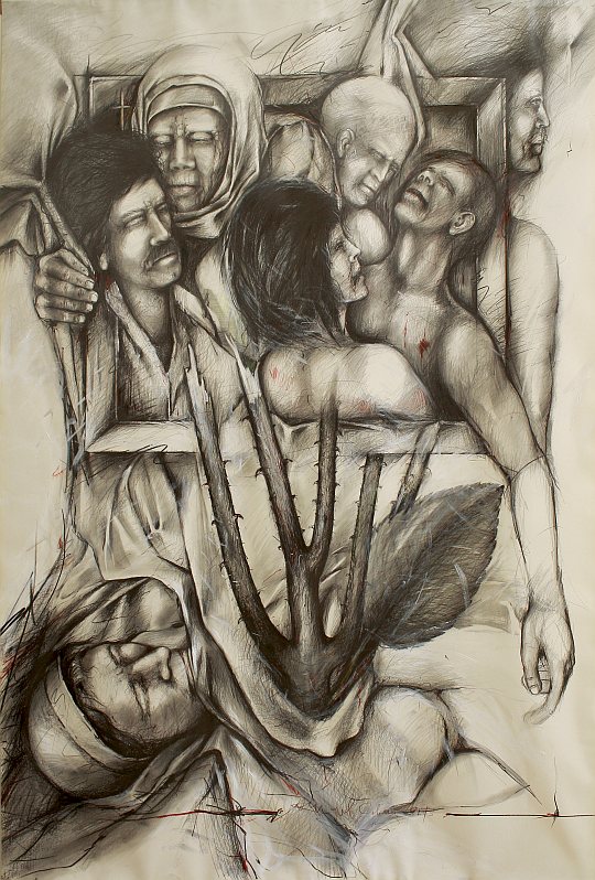 İsmail Çoban - 'Ateş Çemberi' serisinden: 'Şeyh Bedreddin Destanı', desen, karışık teknik, 150 x 110 cm.