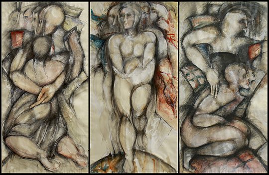 © İsmail Çoban - 'Herkes kendi günahını taşır...(Akkoyun ak bacağından, karakoyun kara bacağından asılır - I) Taranta-Babu'ya Mektuplar Triptychon I', desen, karışık teknik, 200 x 90 + 90 + 90 cm. (200 x 270 cm.), 1995