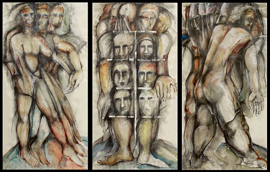 © İsmail Çoban - 'Herkes kendi günahını taşır... (Akkoyun ak bacağından, karakoyun kara bacağından asılır - III) Taranta-Babu'ya Mektuplar Triptychon III', desen, karışık teknik, 200 x 90 + 90 + 90 cm . (200 x 270 cm.), 1995