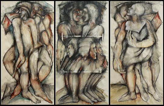 © İsmail Çoban - 'Herkes kendi günahını taşır... (Akkoyun ak bacağından, karakoyun kara bacağından asılır - II) Taranta-Babu'ya Mektuplar Triptychon II', desen, karışık teknik, 200 x 90 + 90 + 90 cm. (200 x 270 cm.), 1995