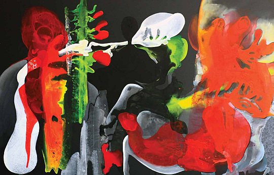 Gülten İmamoğlu - Yeşile Kanan Yağmur, tuval üzerine akrilik, 170 x 268 cm., 2011 [the rain decepted by the green, Acrylic on canvas, 170 x 268 cm., 2011] [... Boşluğun üzerine şimali yayar / Ve hiçliğin üzerinde dünyayı asar // Spreads the northern over the space / And hangs the earth over the nothingness... //]