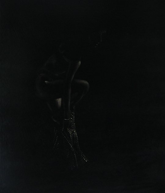Özgül Arslan - 'Soyunan Kız', kotonkadife kumaş üzerine ağartıcı, 160 x 100 cm., 2011 